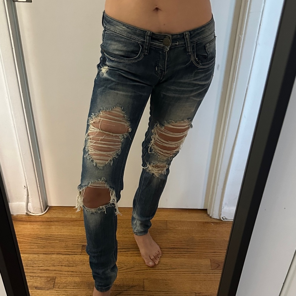 Machine Distressed Dark Blue Skinny Jeans